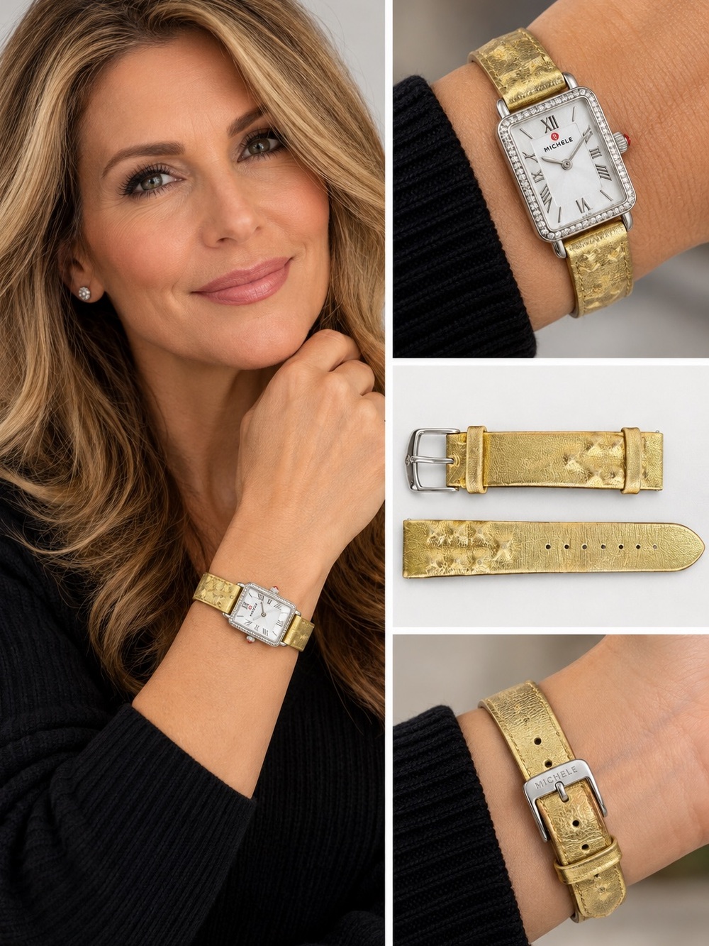 MICHELE 18mm Metallic Gold Genuine Leather Watch Band Strap Silver Buckle